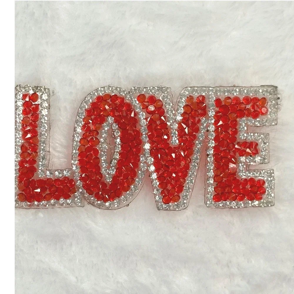 Rhinestone LOVE Iron On Patch Red Silver Glitter Applique 3.5 Inch